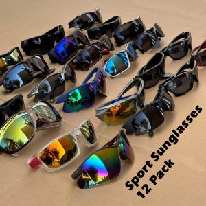 12 Pairs Sport Sunglasses - Adult Unisex, UV400 Polycarbonate Lens, Lightweight & Durable, Multiple Colors & Designs, Includes Lens Cleaning Wipes