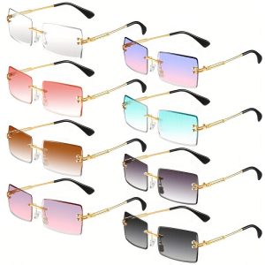 8 Pairs Vintage Rimless Rectangle Fashion Glasses Tinted Lens Golden Metal Frameless Eyewear Fashion Glasses for Women Men, Mirrored Finish for Beach & Travel